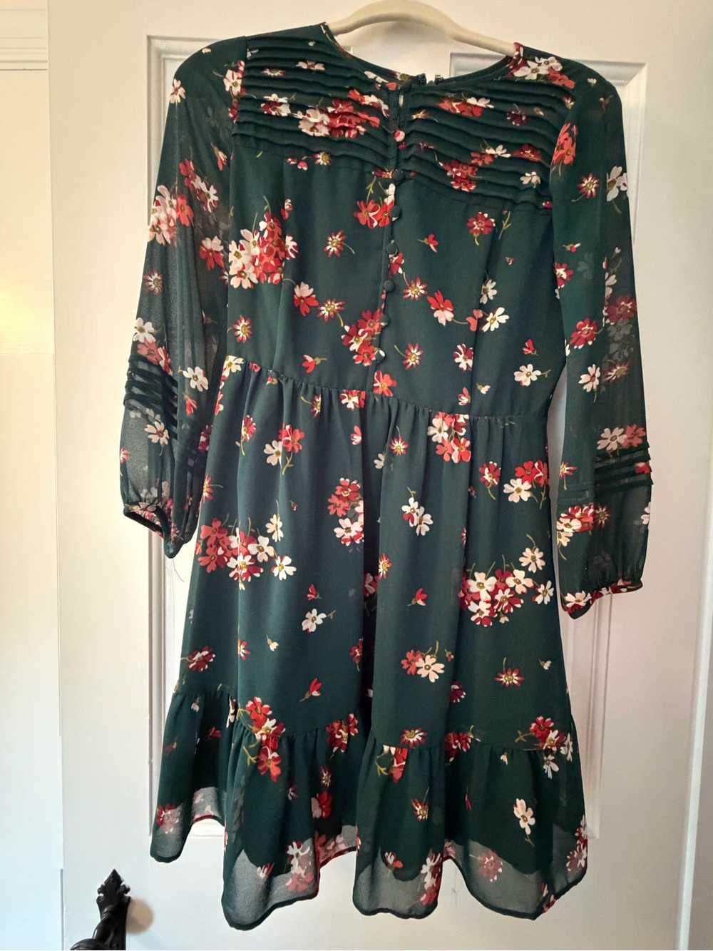 Madewell Forest Green Floral Pintuck Long-Sleeve Dress